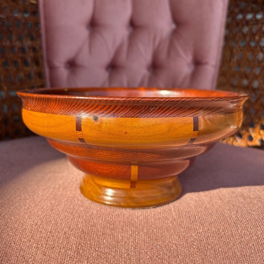 Vintage Wooden Inlay Pedestal Bowl MCM Studio Art Wood Centerpiece